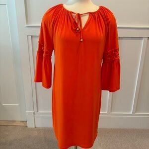 Michael Kors Poppy Orange 3/4 Lace Bell Sleeve Shift Dress, size Small EUC